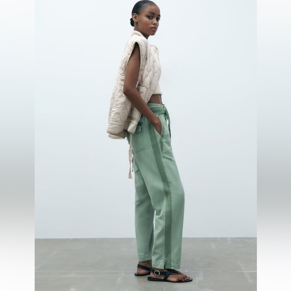 ZARA PAPERBACK PANTS WITH CONTRASTING BELT GREEN Sz L - Picture 3 of 16